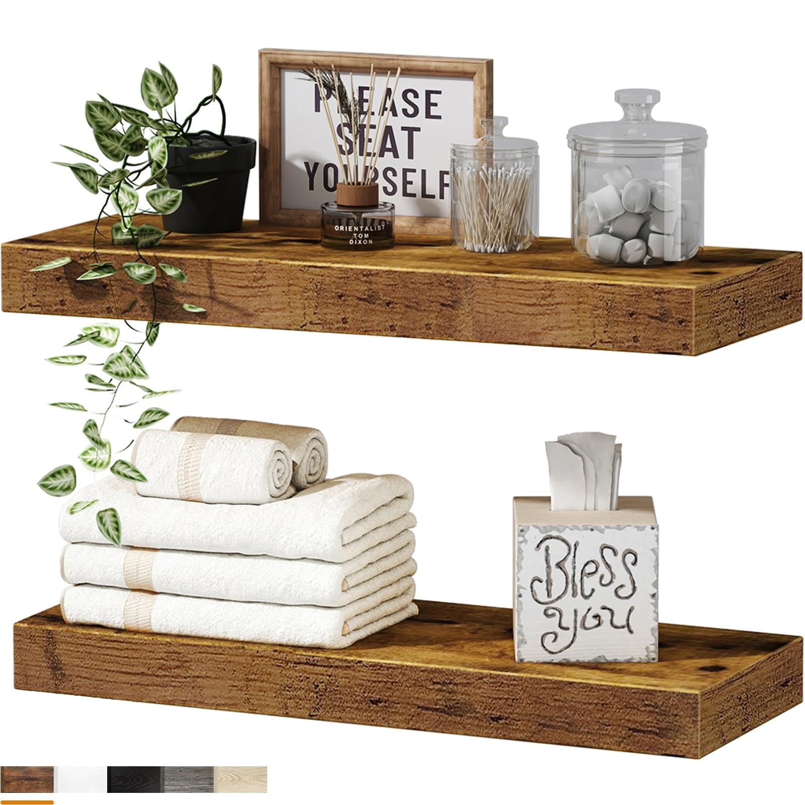 Rustic Brown Floating Shelves Set of 2 for Bathroom, 16 Inch Wall Mounted Shelves Over Toilet - 6.7" x 15.7" x 1.5"