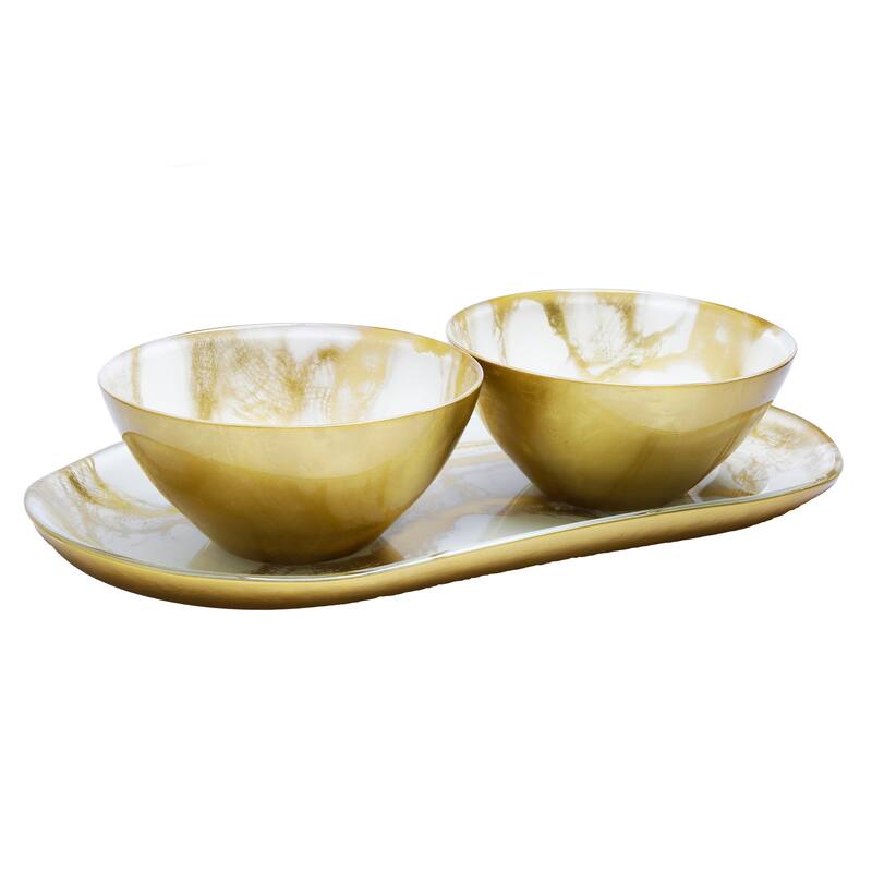 Alice Pazkus White And Gold Marbleized 2 Bowl Relish Dish