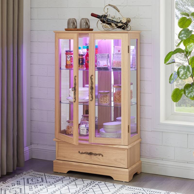 GDFStudio - Traditional Storage Lighted Curio Display Cabinet with Glass Doors and Drawer