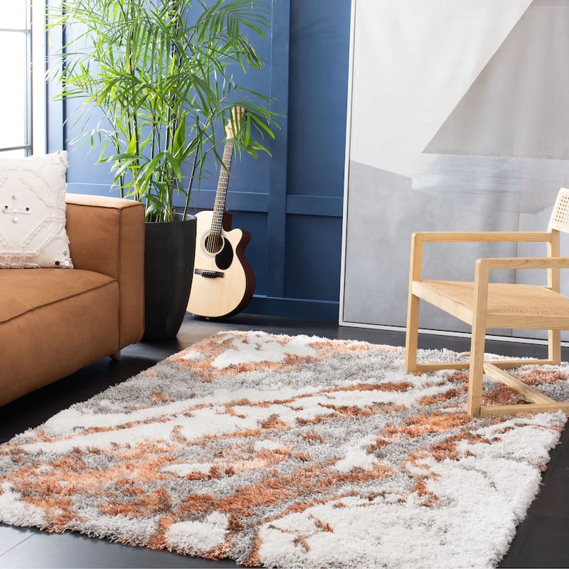 SAFAVIEH Horizon Shag Mukades Abstract 2.5-inch Thick Rug - 6'7" Square - Grey/Rust - Square