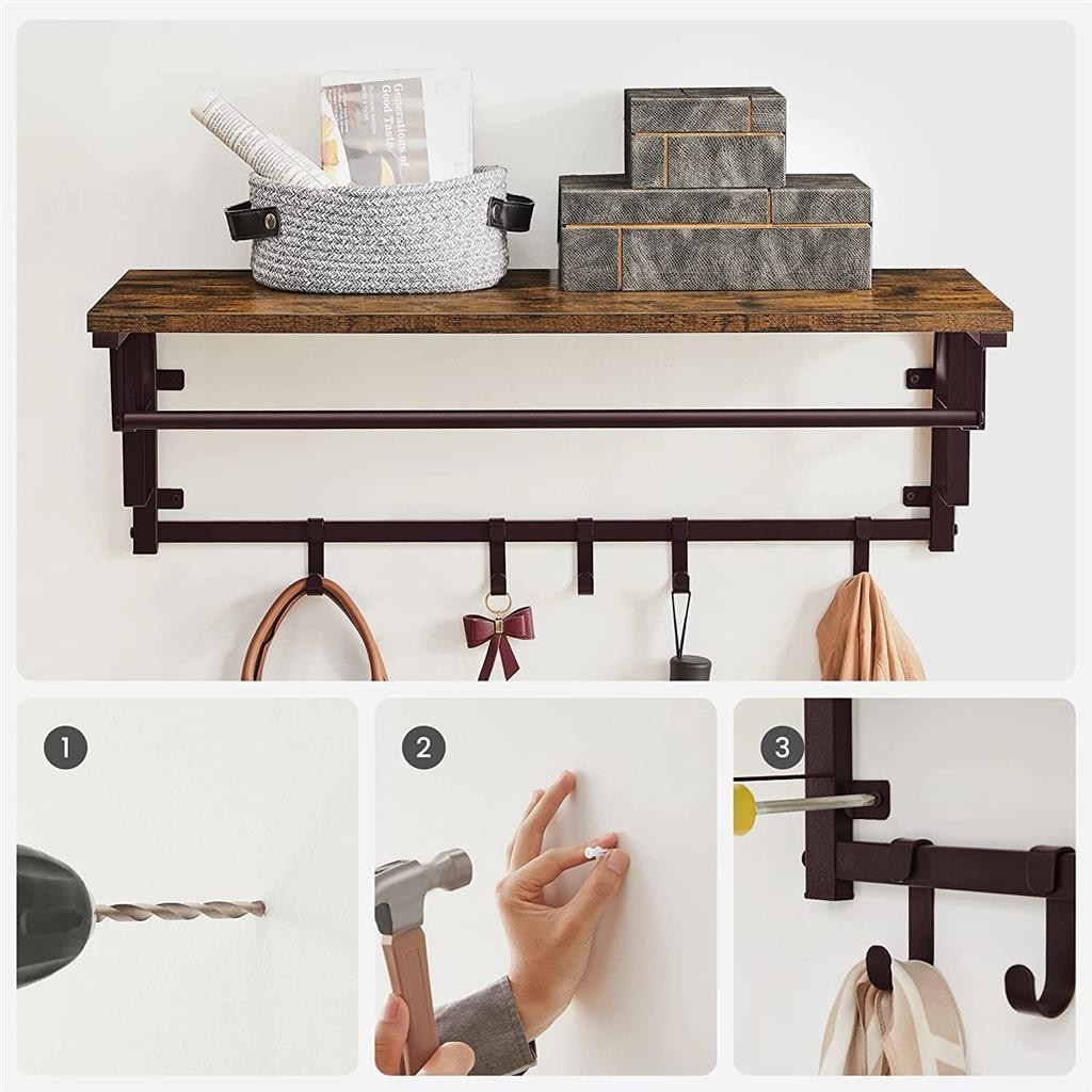 Removable Hooks Industrial Wall Mounted Coat Rack With Shelf