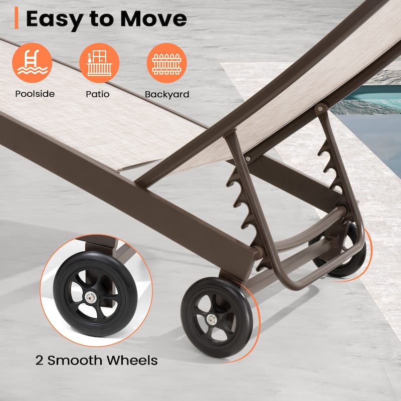 Patio Chaise Lounge Chair Adjustable Aluminum Outdoor Recliners with Wheel