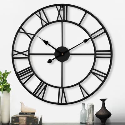 24 Inch Wall Clocks, Large Black Metal Roman Numeral Wall Clock,Decorative Wall Clocks,Battery Operated Silent Wall Clocks