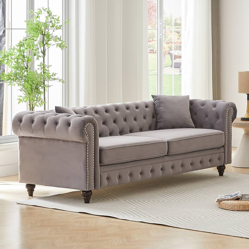 Velvet Chesterfield 3 Seater Sofa, Oversized Button Tufted Upholstered Sofa, Deep Seat Sofa with Rolled Arms & Nailhead Trim
