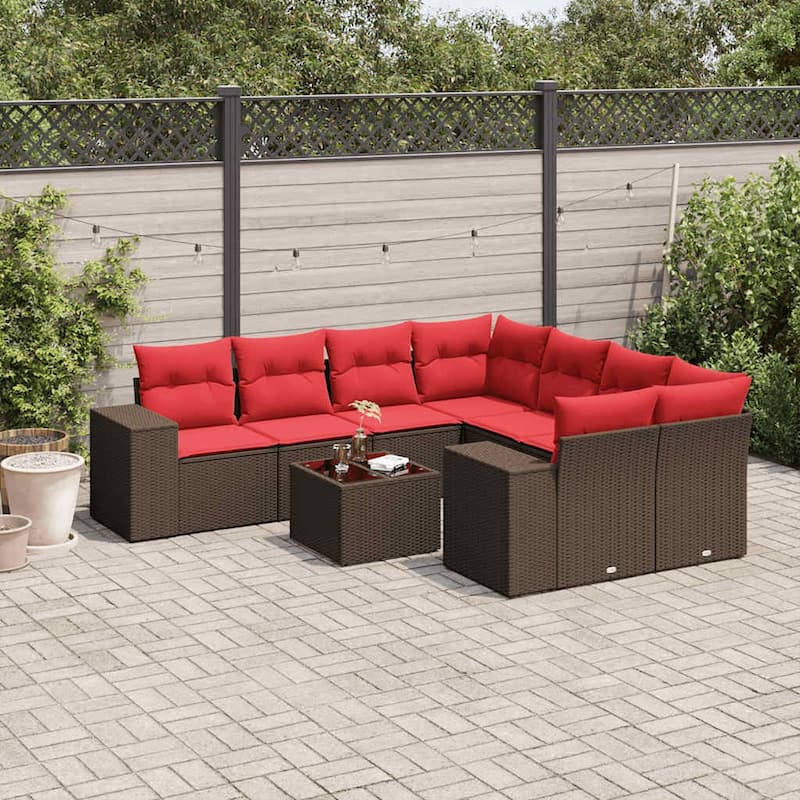 vidaXL 9 Piece Patio Sofa Set with Cushions Black Poly Rattan - 24.4" x 24.4" x 27.2" - Brown and red