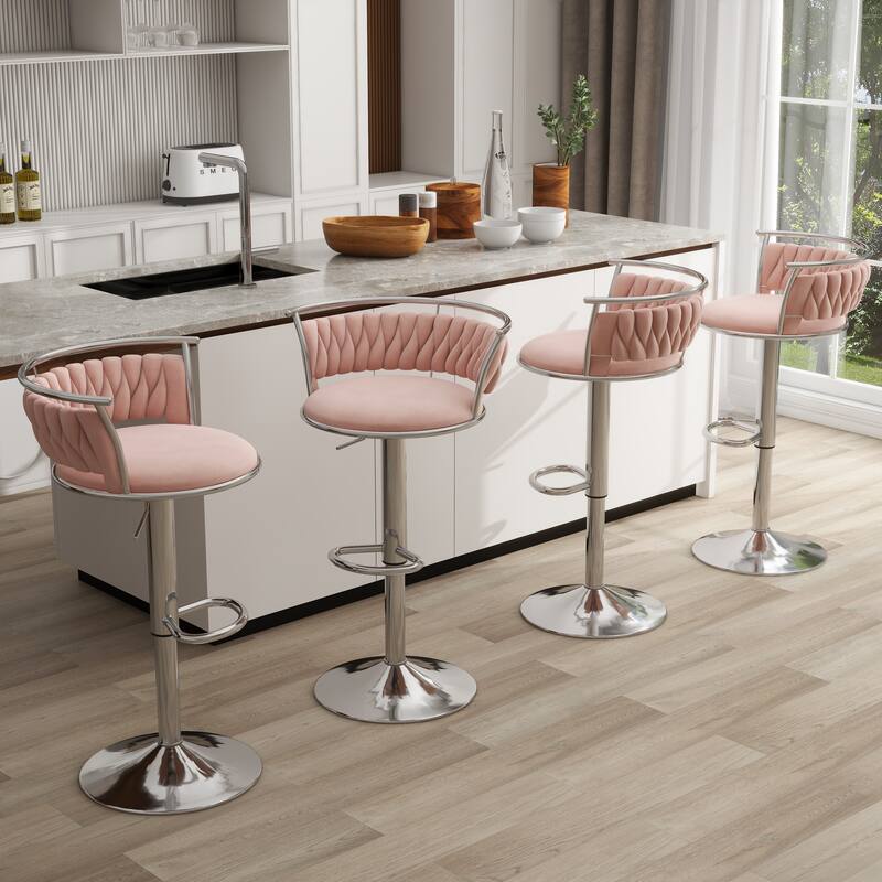 4 Set Modern Velvet Adjustable Swivel Bar Stools with Metal Frame
