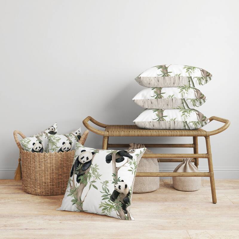 Climbing Panda Faux Suede Reversible Throw Pillow Beige and Green