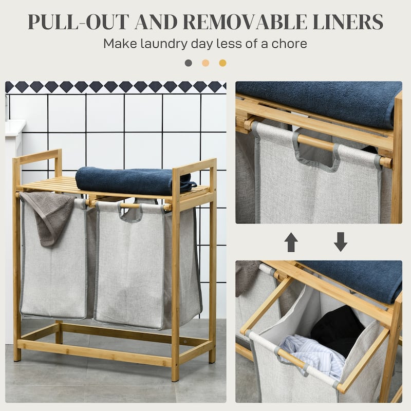 Homcom Double Laundry Hamper 2 Section Bamboo Laundry Basket With Storage Shelf 2 Pull-Out And Removable Bags - Natural Wood