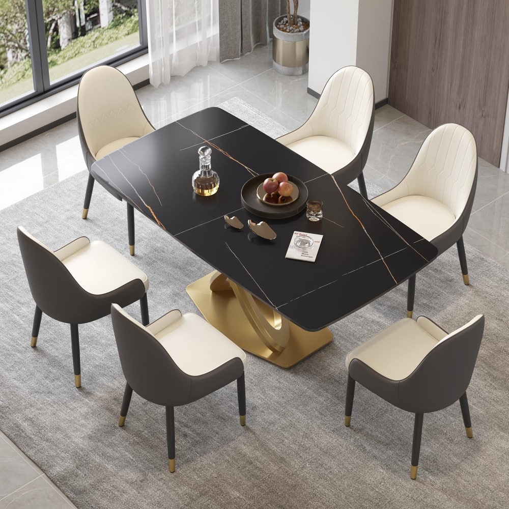 70.8'' Dining Table, Modern Dining Table for 8, Antique White Sintered Stone with Stainless Steel Gold Pedestal