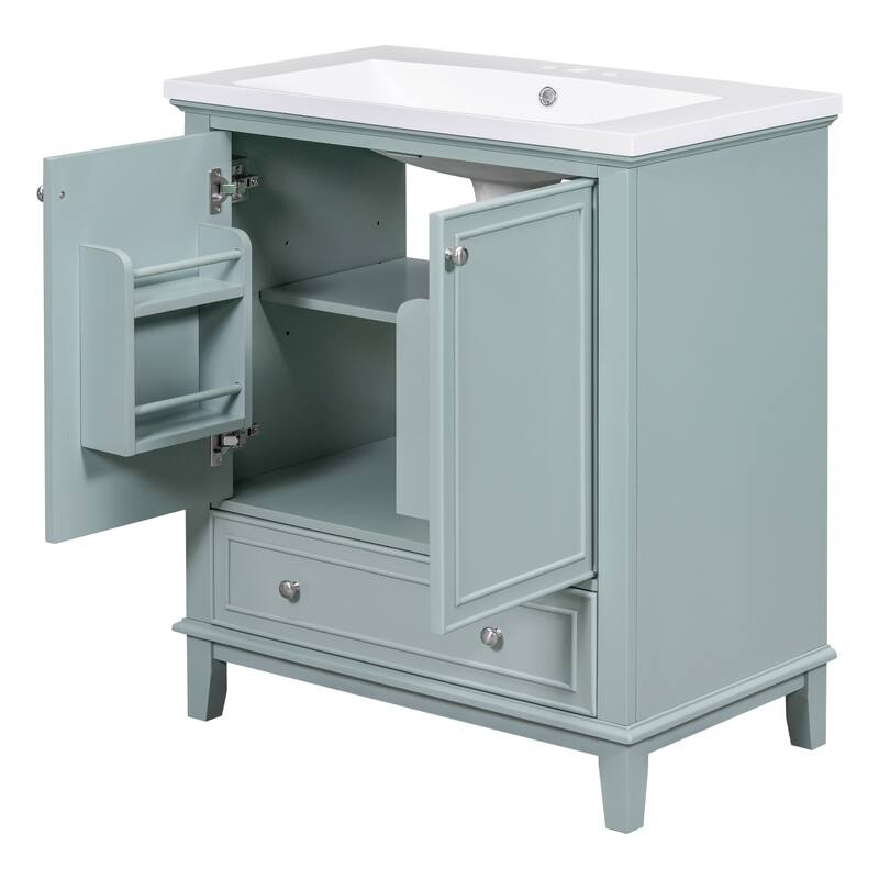 Roomfitters 30" Bathroom Vanity with Sink, Solid Wood Frame, 2 Doors with Storage Racks & Divided Drawer, Green