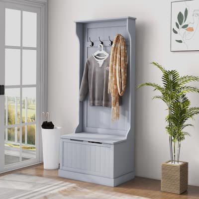 Modern Coat Rack with Anti-Tip Device Storage Bench 4 Hooks and Shoe Storage, for Entry and Hallway, Grey