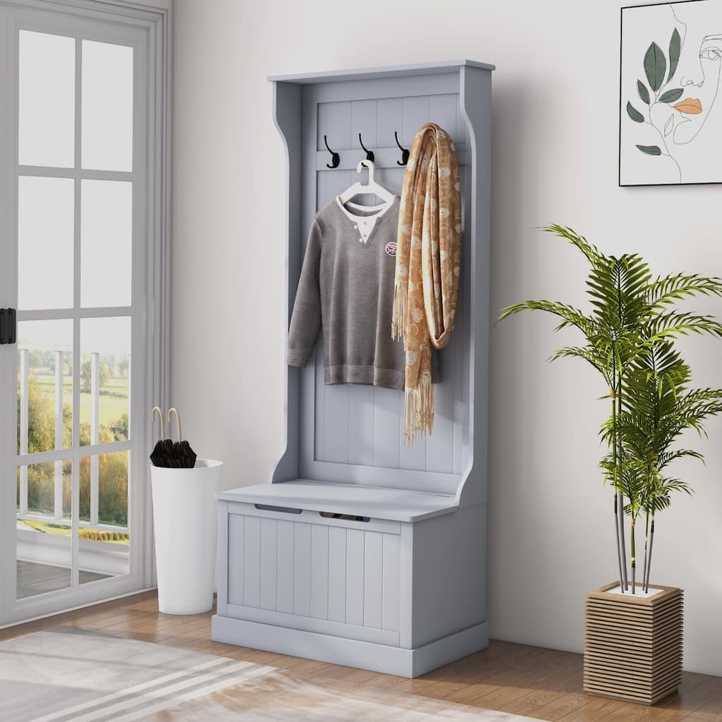 Modern Coat Rack with Anti-Tip Device Storage Bench 4 Hooks and Shoe Storage, for Entry and Hallway, Grey