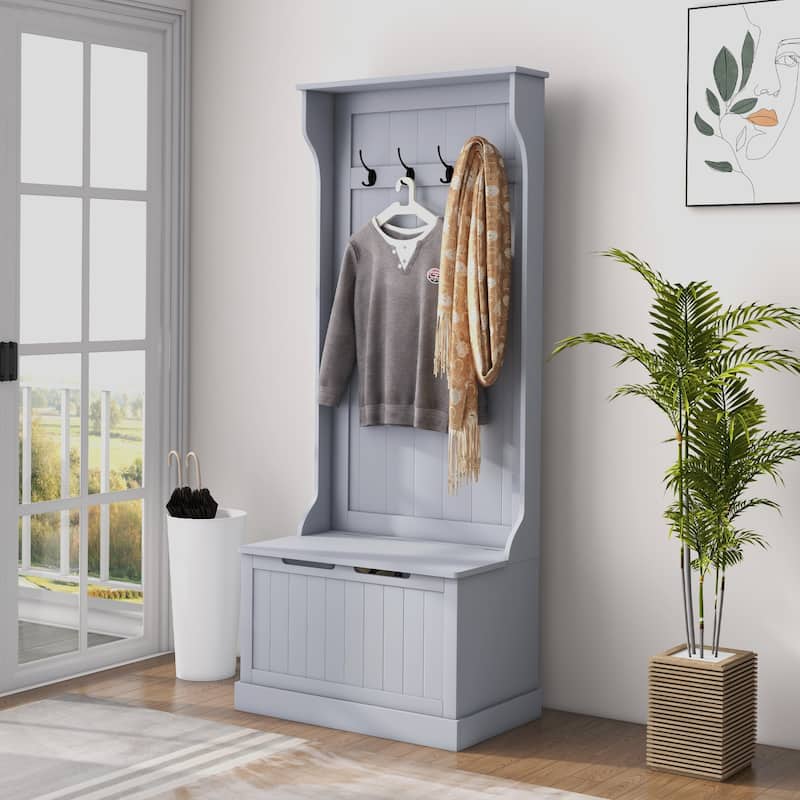 Multifunctional Hall Tree with Storage Bench, Coat Hooks & Shoe Storage MDF Wood Steel Hardware - 28.25" W x 15.5" D x 67" H