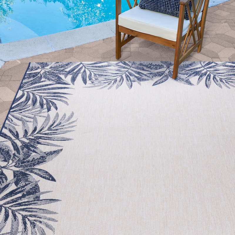 Gertmenian Paseo Tropic Navy Casual Palm Boarder Flatweave Indoor/ Outdoor Area Rug