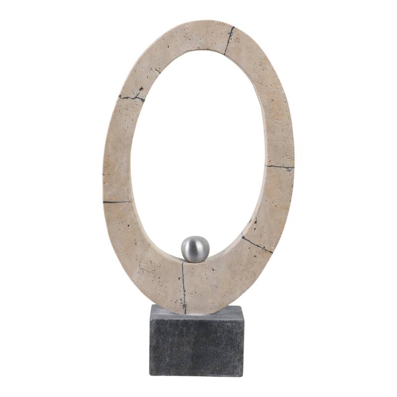 Stone Metal Travertine Sculpture Oval Design Casual Office - 18" Ivory - 10" x 3" x 18"