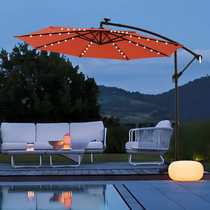 Outdoor Patio 10-Ft Solar LED Offset Hanging Umbrella