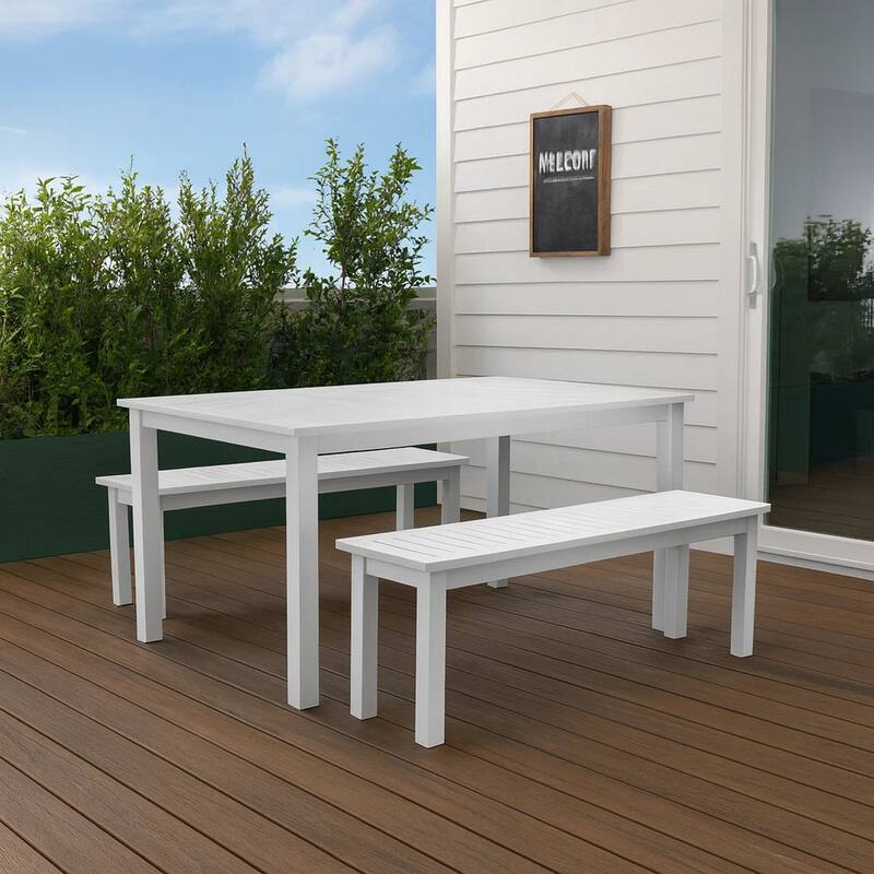 Felix 3 Piece Modern Dining Set, Crisp White Acacia Wood Frame, 6 Seater