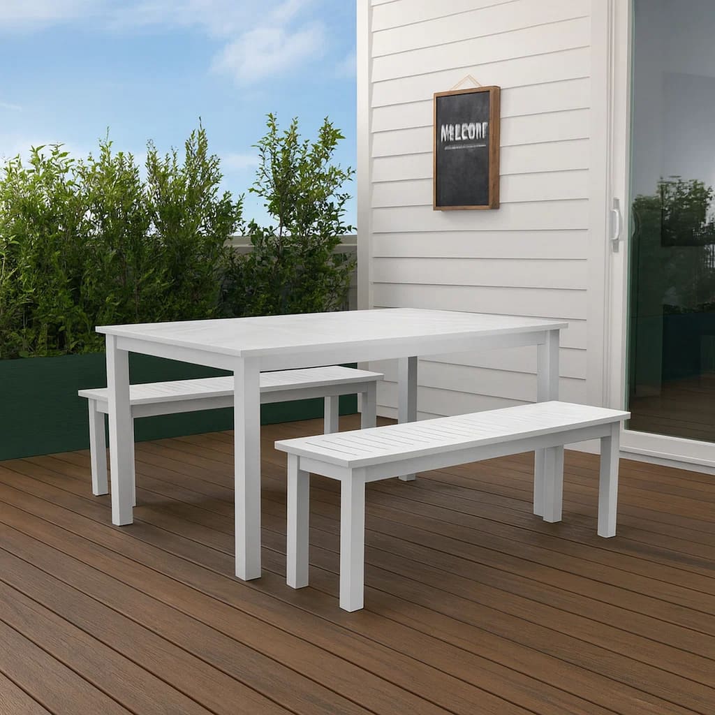 Felix 3 Piece Modern Dining Set, Crisp White Acacia Wood Frame, 6 Seater