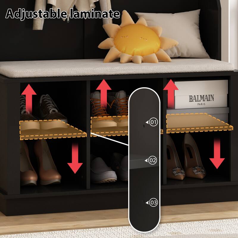 Cubby Wide Hall Tree With Bench Coat Hook 17.3" D x 39.8" W x 67.1" H