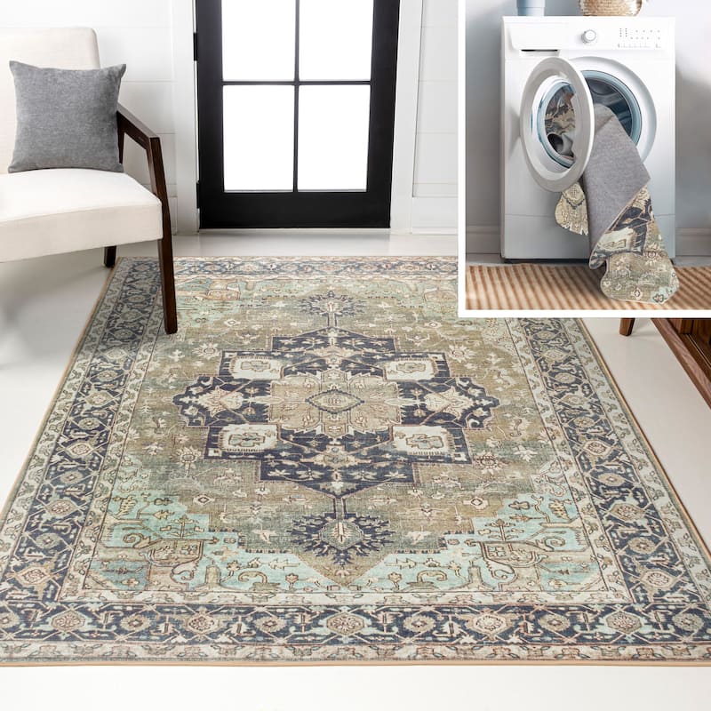 JONATHAN Y Marrakesh Ornate Medallion Machine Washable Area Rug - 4 X 6 - Light Green/Tan/Blue