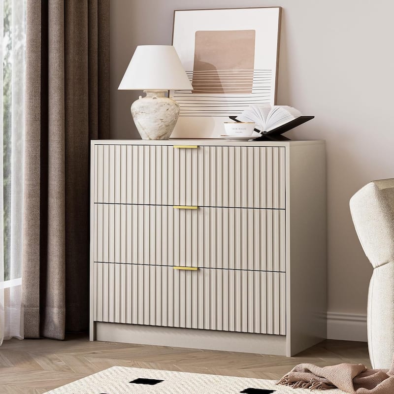 3 Drawer Fluted Dresser, 32 Inch Wide Nightstand with Large Drawer End Table for Bedroom - Beige