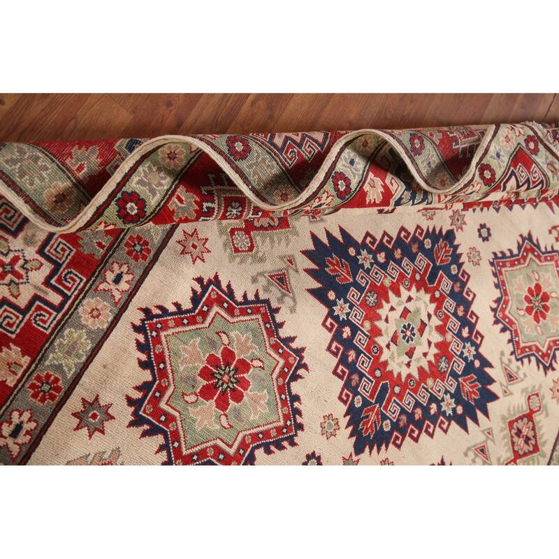 Geometric Kazak Area Rug Hand-Knotted Living Room Wool Carpet - 6'11" x 9'9"