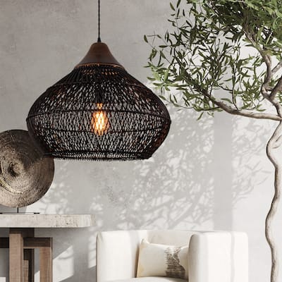 Zula Coastal Large Rattan Pendant Light Matte Black Rustic Wood Accent Ceiling Light - 19.7