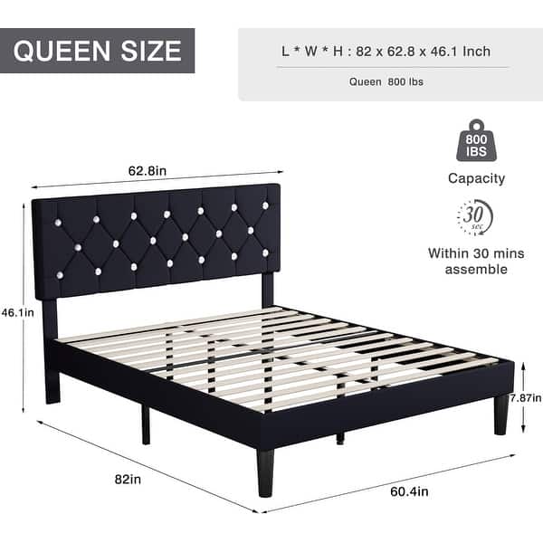 dimension image slide 8 of 18, VECELO Upholstered Beds With Diamond Tufted Headboard Platform Bed Frame 7.9'' Under Bed Space