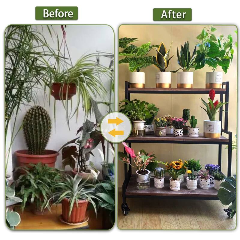 Rustic Plant Stand with Wheels, Rolling Plant Shelves Rack, Metal Plant Stand for Multiple Plants, Industrial Ladder Plant Shelf