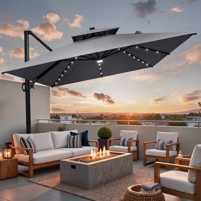 9 X 11 FT Outdoor Patio Cantilever Umbrella with Solar Lights Double Canopy 360 Rotation Tilt - DarkGrey