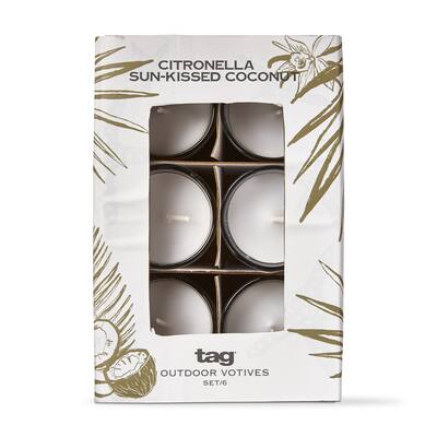 White Citronella Sunkissed Coconut Scented Large Paraffin Wax Candle Votive Set of 6, Burn Time 10 Hours