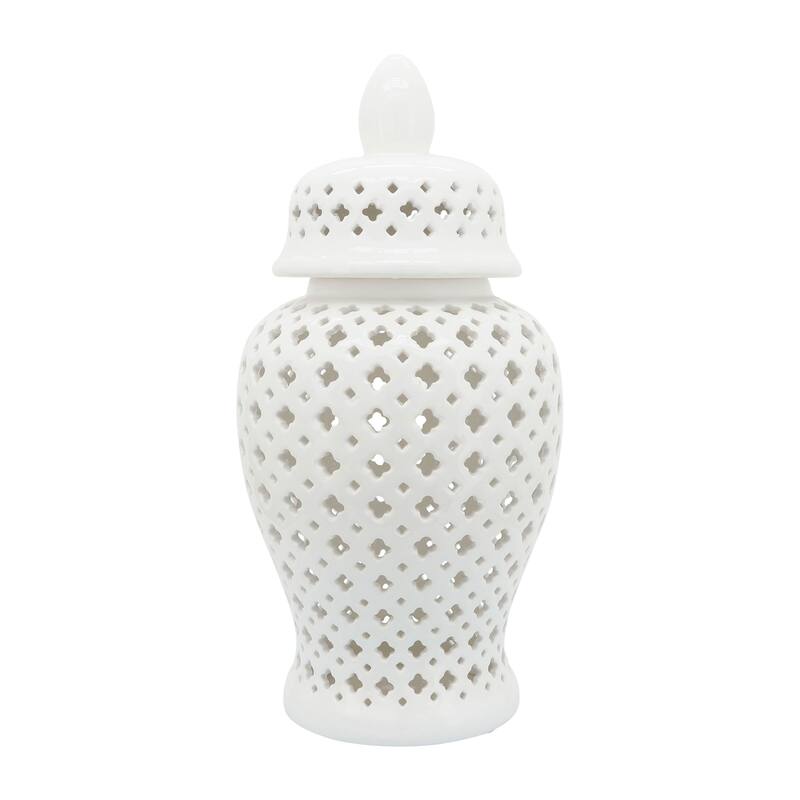 Sagebrook Home Neutral Modern Ceramic Cut Out Temple Jar with Lid - White - 11" x 11" x 24"