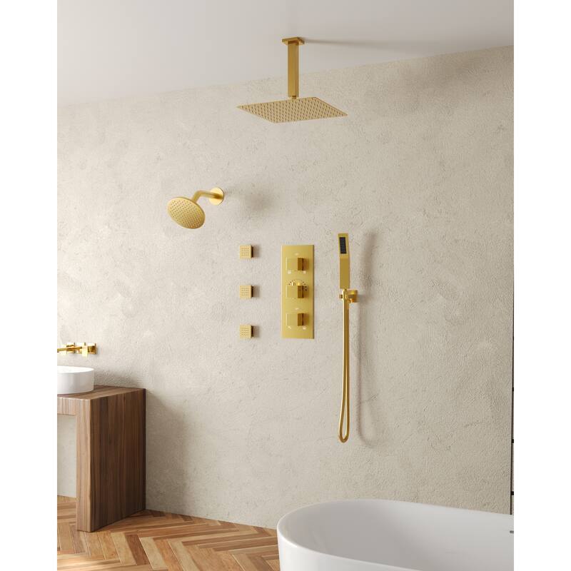 Thermostatic Dual Heads 12" Multi-Function Shower System with 3 Body Sprays