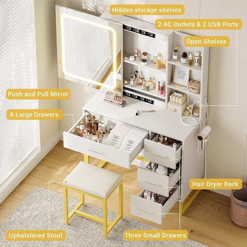 4 Drawers and 5 Shelves Dressing Table, Makeup Vanity Desk with Lighted Mirror