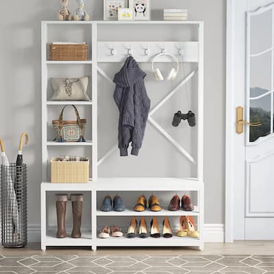 Bluebell 4-in-1 Entryway Hall Tree with Storage Shelves 5 Hooks, White