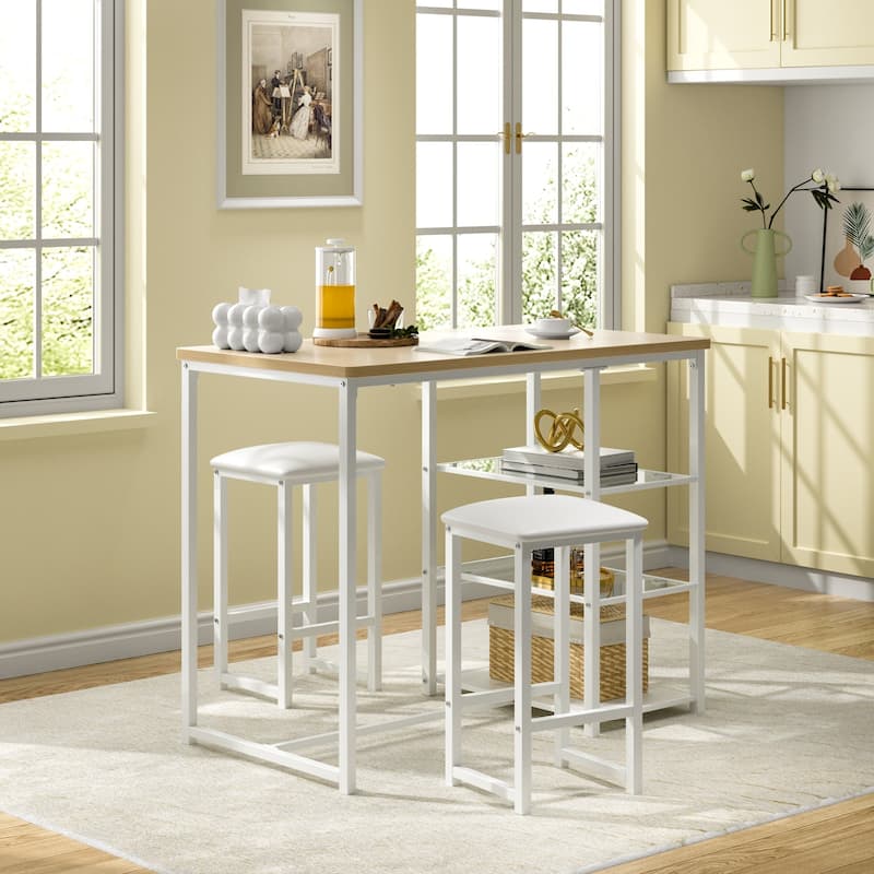 Javlergo 3-Piece Dining Table Set with 2 Backless PU Padded Chairs Space Saving Design Pub Set White/Oak & Black/Marble Options