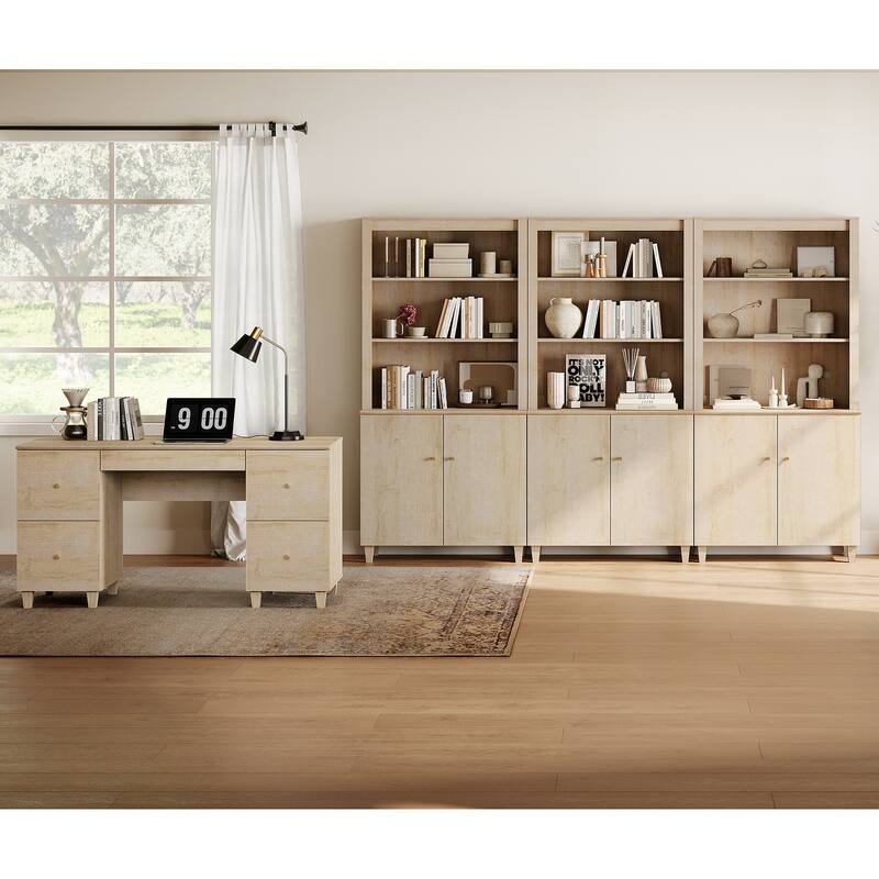 WAMPAT Home Office Furniture Set, 58" Executive Desk with Drawers, 3-Column 71" Tall Bookcase with Doors and Adjustable Shelves