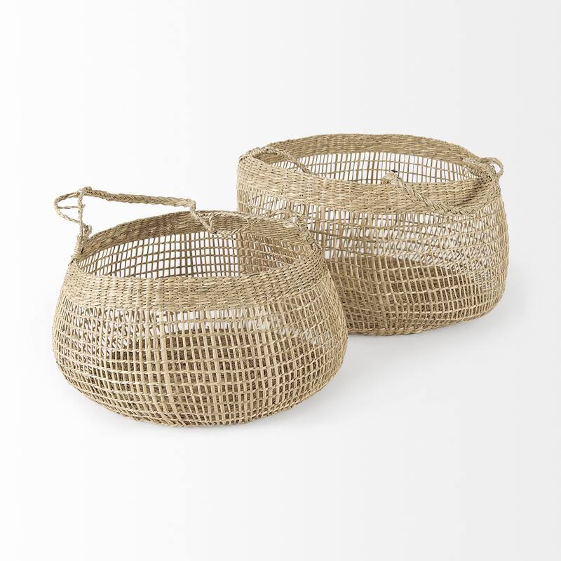 Set of Two Wicker Storage Baskets with Long Handles - 14.9606" W x 14.9606" D x 9.4488" H