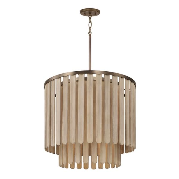 slide 2 of 6, 24" W x 21" H 5-Light Pendant in Dark Brass with Handcrafted Mango Wood in Nordic Grey Stain - 24"W x 21"H 24"W x 21"H - Dark Brass