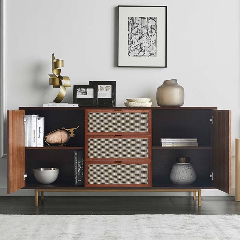 59.06” Modern Mid-Century Walnut Sideboard Buffet with 3 Drawers 2 Door Cabinet, Multi-layer Solid Wood Frame, Fully Assemble