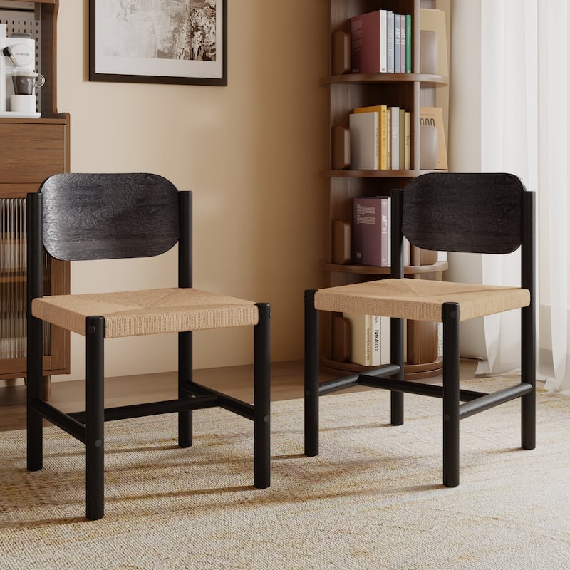 Wooden Dining Chairs with Rope Weave Seat, Modern Armless Kitchen Chairs Farmhouse Accent Chairs, Set of 2 - Black