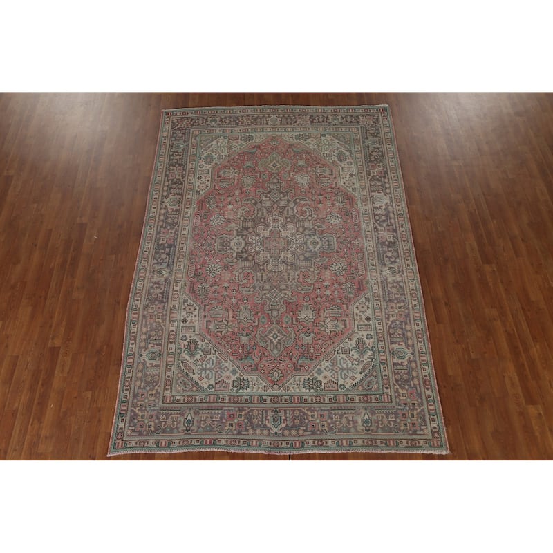 Distressed Tabriz Persian Vintage Area Rug Hand-Knotted Wool Carpet - 6'5" x 9'7"