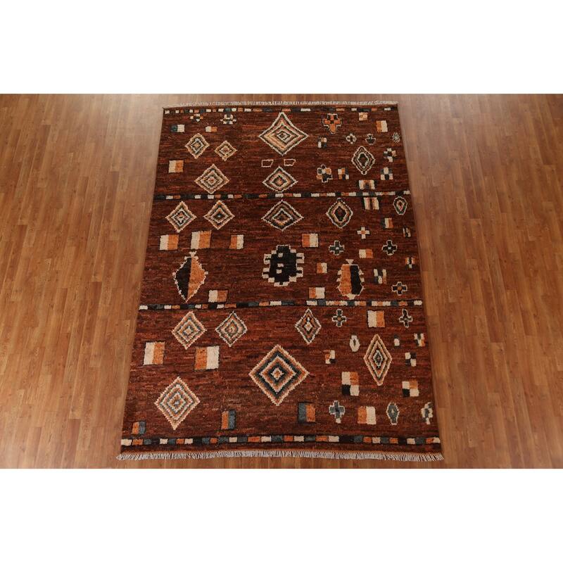 Hand Knotted Oriental 100% Wool Carpet Modern Tribal Brown Moroccan Area Rug - 9' 6'' X 6' 9''
