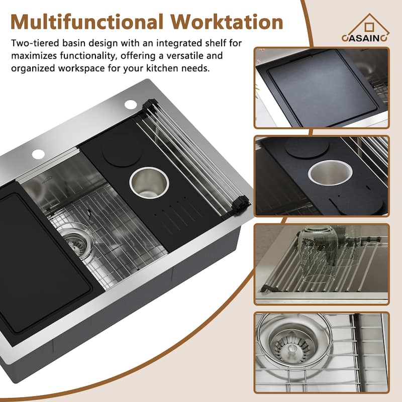 Handmade Drop-In 2-Hole Single Bowl 18 Gauge Stainless Steel Workstation Kitchen Sink with Ledge for Sliding Accessories