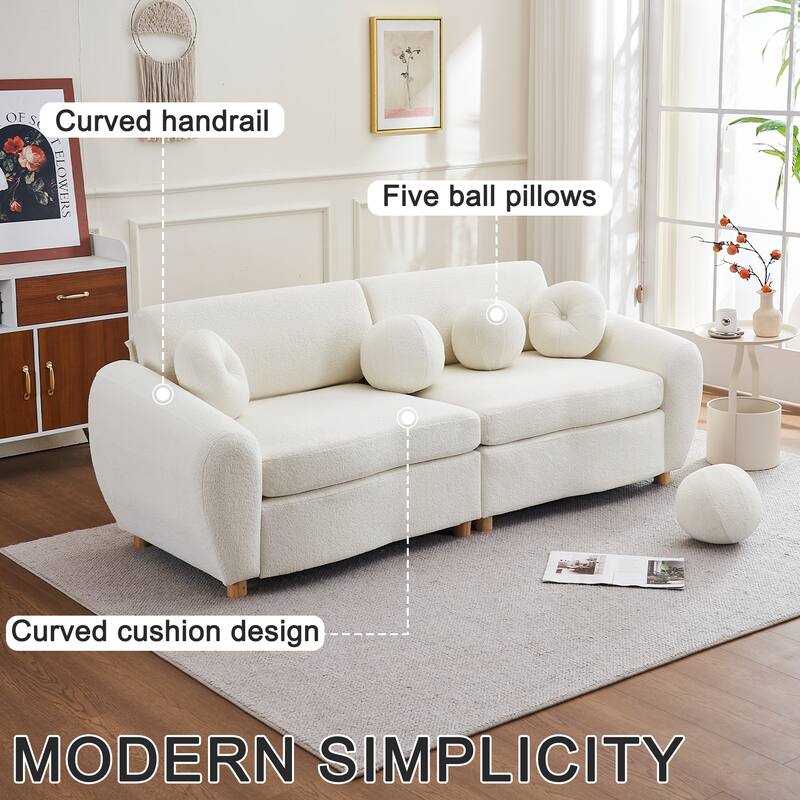 2-seater Loveseat Couch with 5 Toss Pillows and Solid Wood Legs, Chenille Upholstered Sectional Sofa, Easy Assembly,White