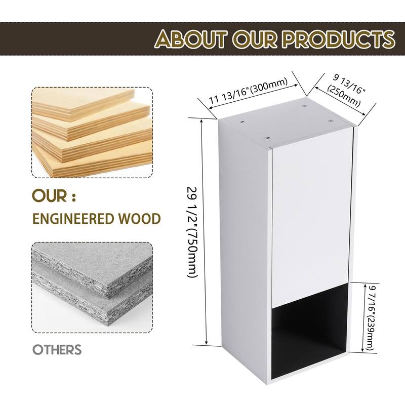 Modern Wall-Mounted Bathroom Side Cabinet with Soft-Close Doors, Floating Design, 6 Storage Compartments, 12-Inch Width