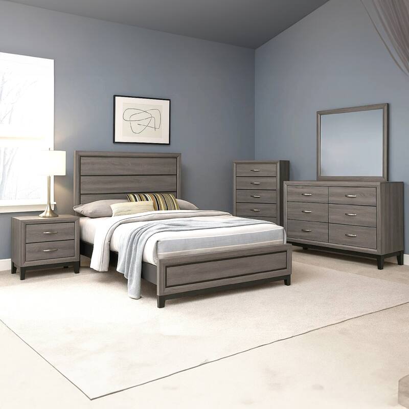 Mela 5pc Full Bed Set, Nightstand Dresser Chest and Mirror, Oak Gray