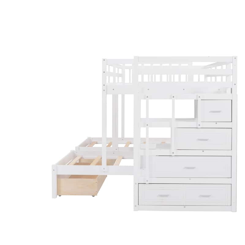 Roomfitters Full Over Twin & Twin Wood Triple Bunk Bed with Drawers and Guardrails