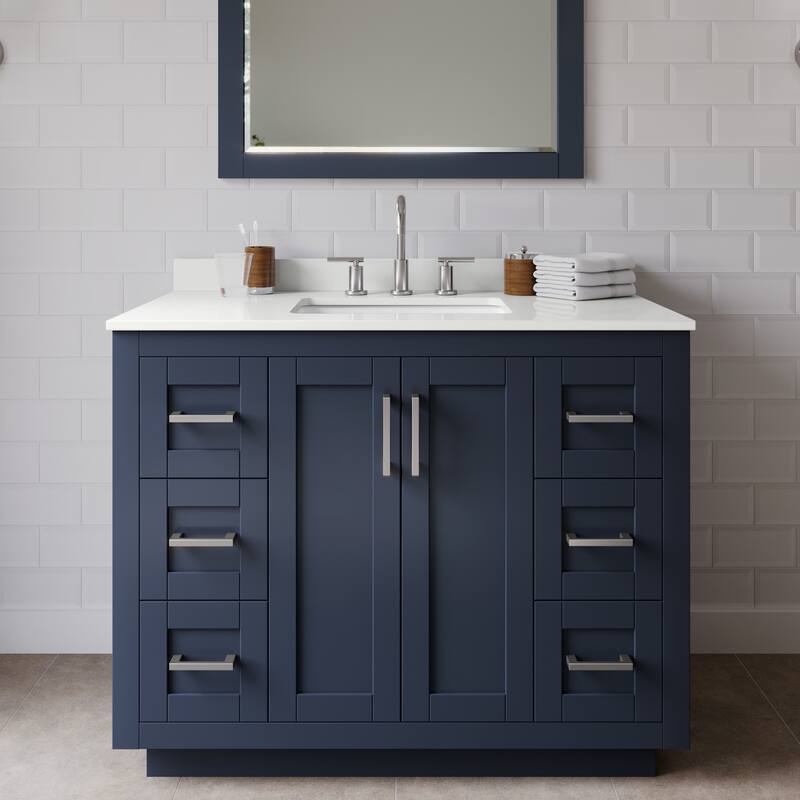 Wyndham Collection WCF292942S-QTZ-US3MXX Miranda 42" Free Standing - Dark Blue / White Quartz Top / Brushed Nickel