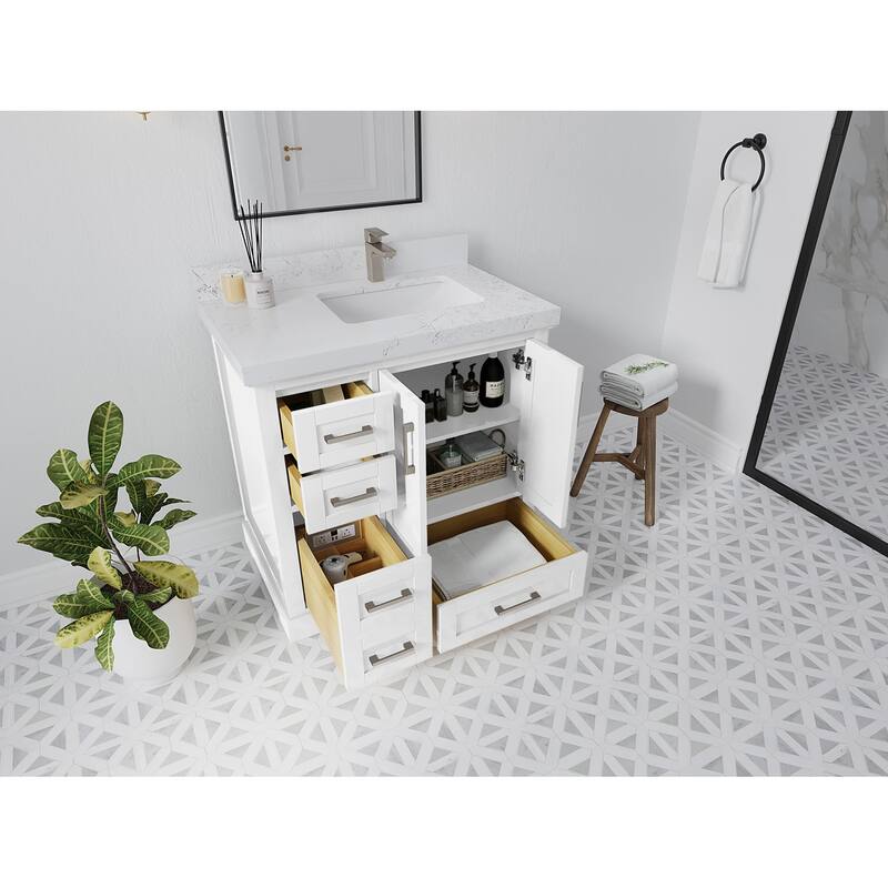 Willow Collections 36 x 22 Boston Right Offset Sink Bathroom Vanity with Quartz or Marble Countertop